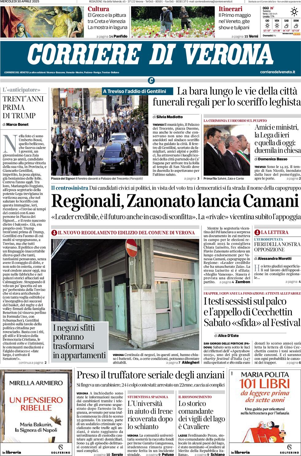 Prima Pagina Corriere di Verona 30/04/2025