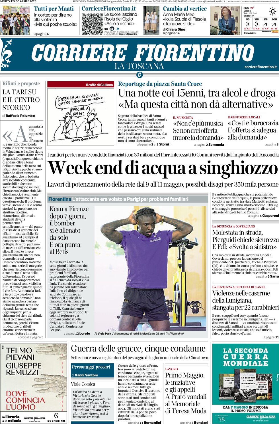 Prima Pagina Corriere Fiorentino 30/04/2025