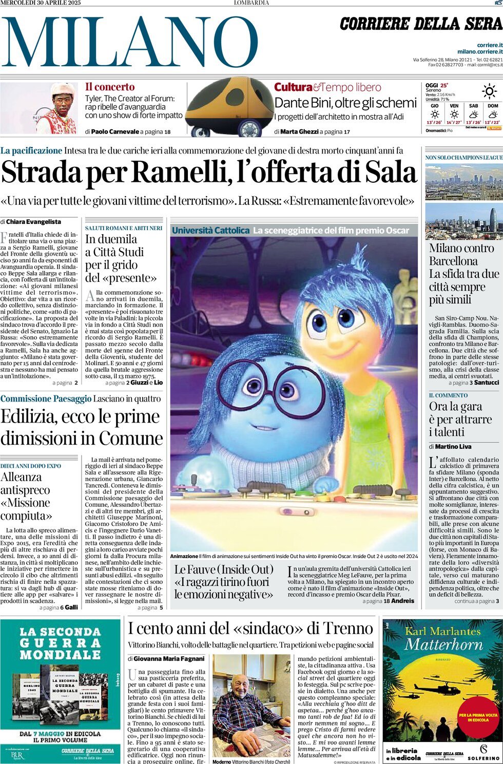 Prima Pagina Corriere della Sera (Milano) 30/04/2025