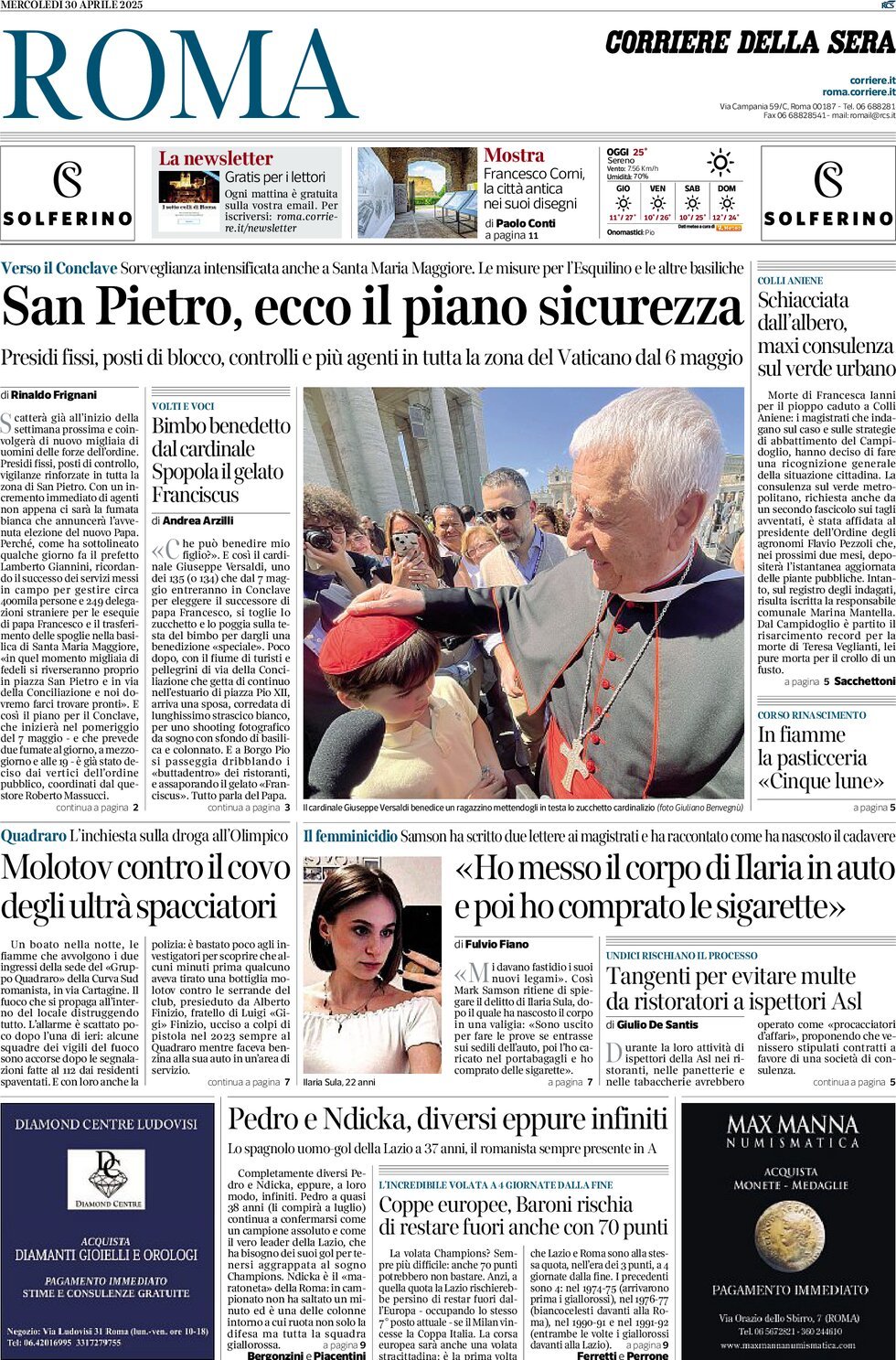 Prima Pagina Corriere della Sera (Roma) 30/04/2025