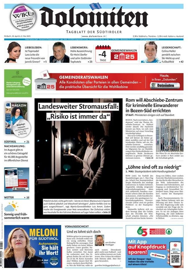 Prima Pagina Dolomiten 30/04/2025