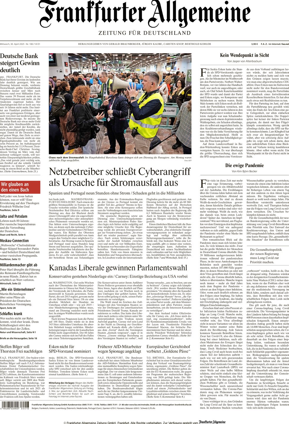 Prima Pagina Frankfurter Allgemeine Zeitung 30/04/2025