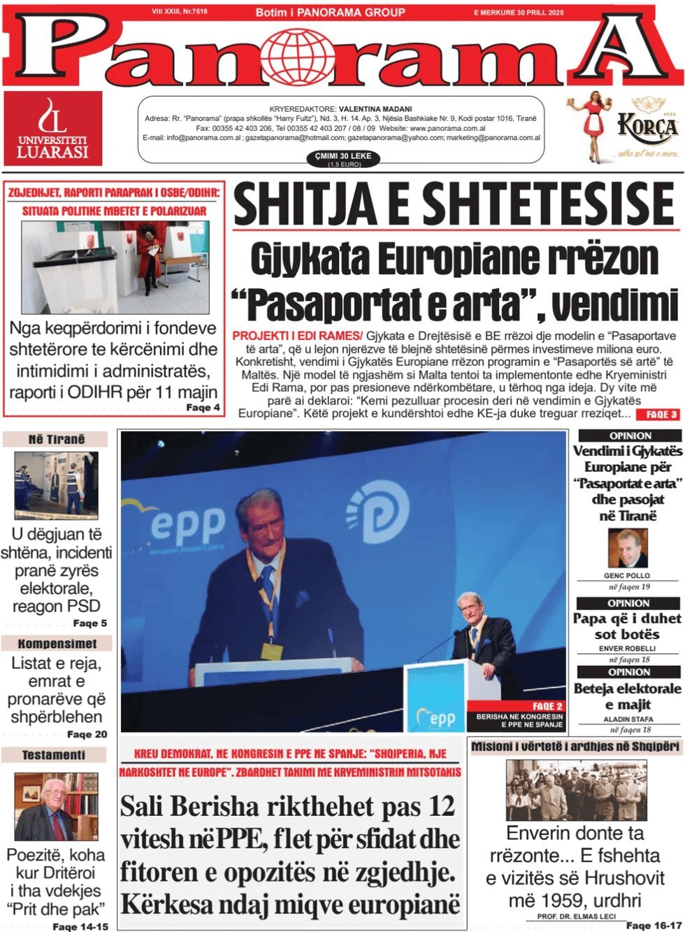 Prima Pagina Gazeta Panorama 30/04/2025