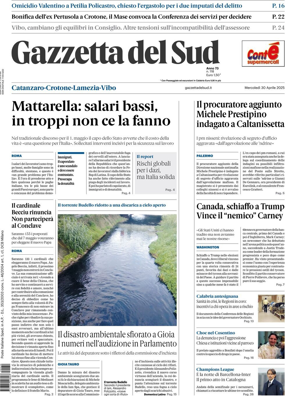 Prima Pagina Gazzetta del Sud (Catanzaro) 30/04/2025