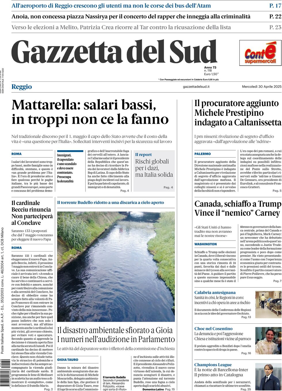 Prima Pagina Gazzetta del Sud (Reggio Calabria) 30/04/2025
