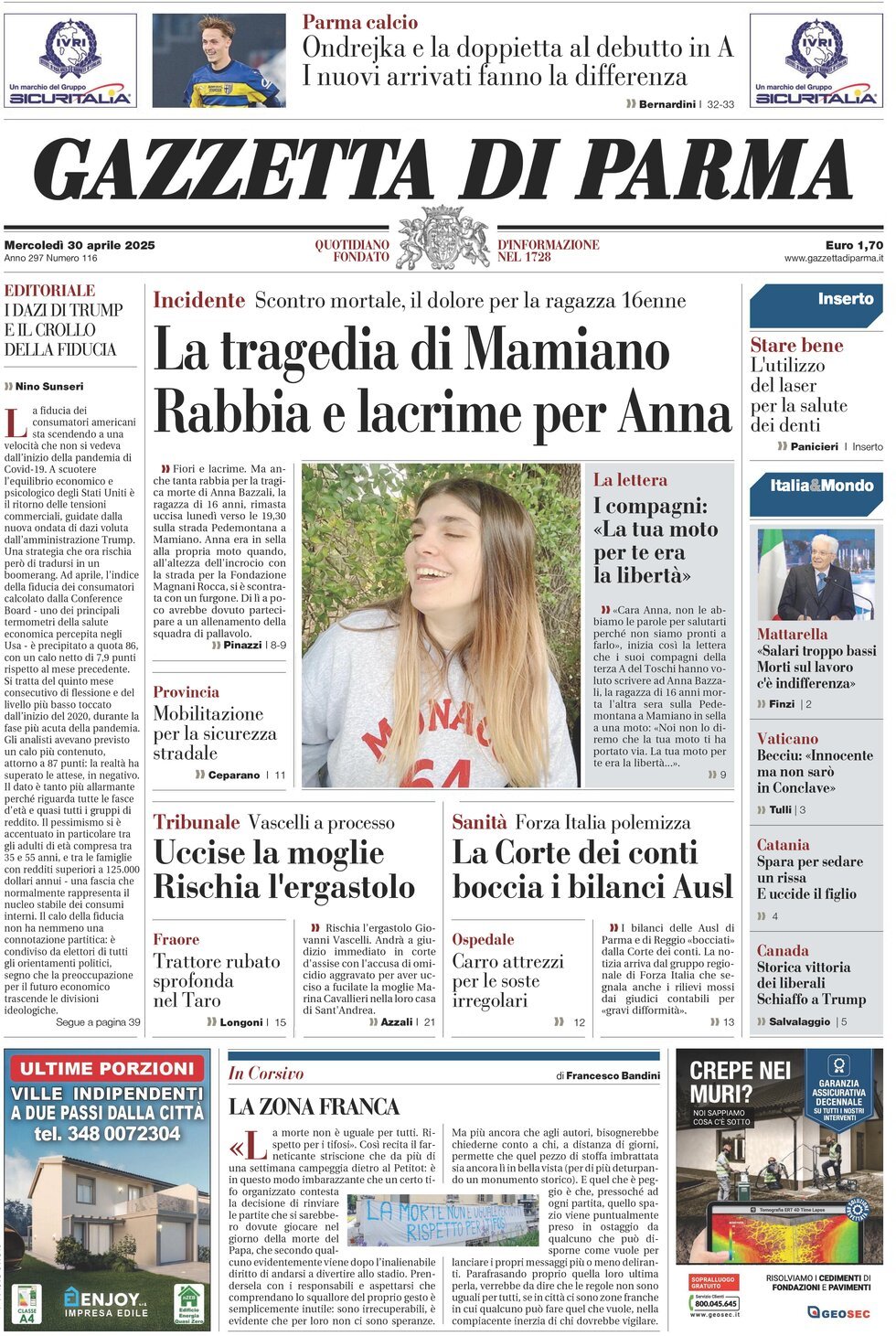 Prima Pagina Gazzetta di Parma 30/04/2025