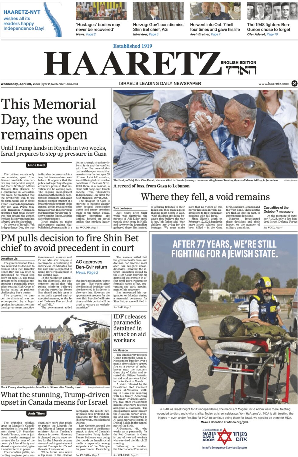 Prima Pagina Haaretz 30/04/2025