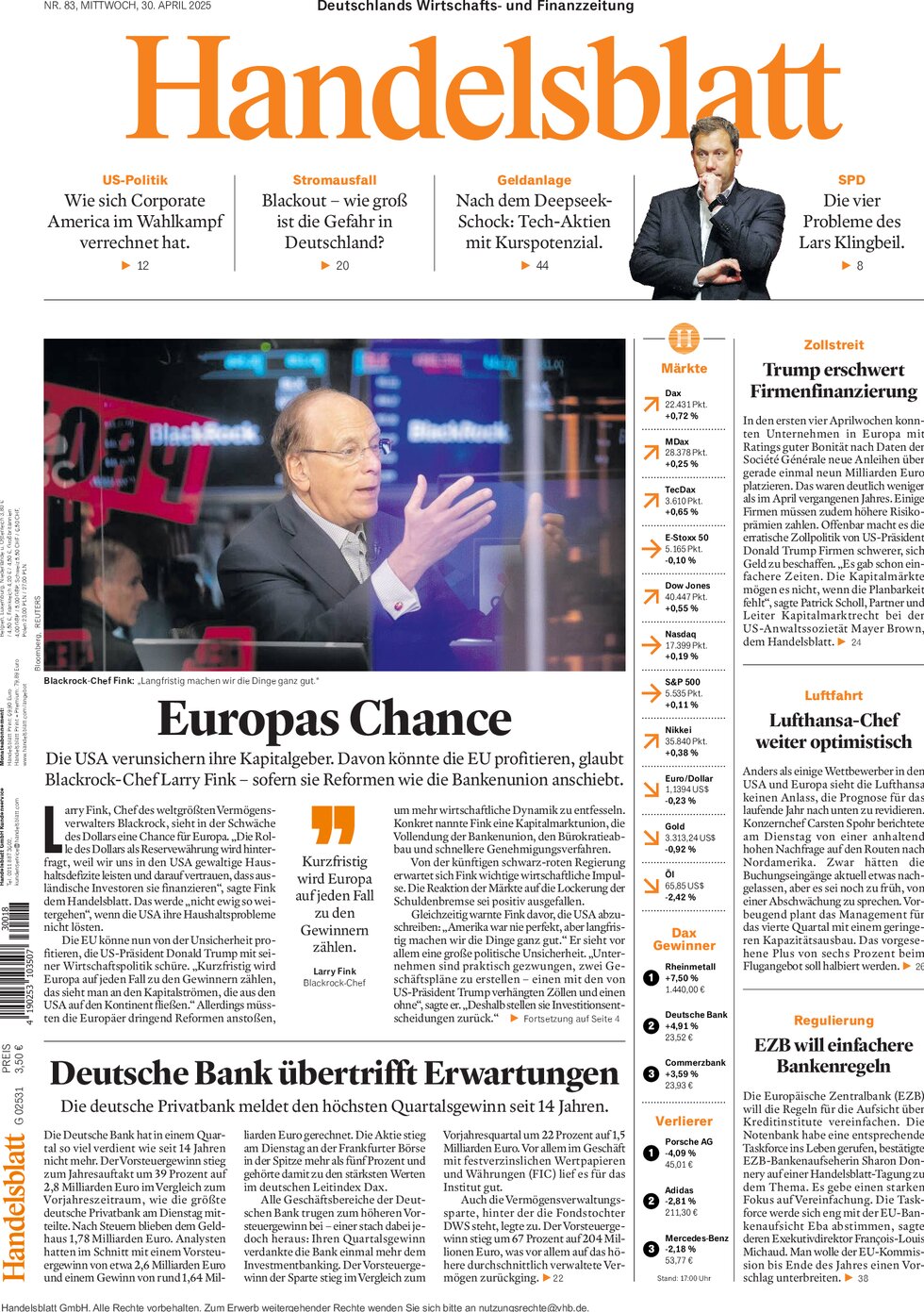 Prima Pagina Handelsblatt 30/04/2025