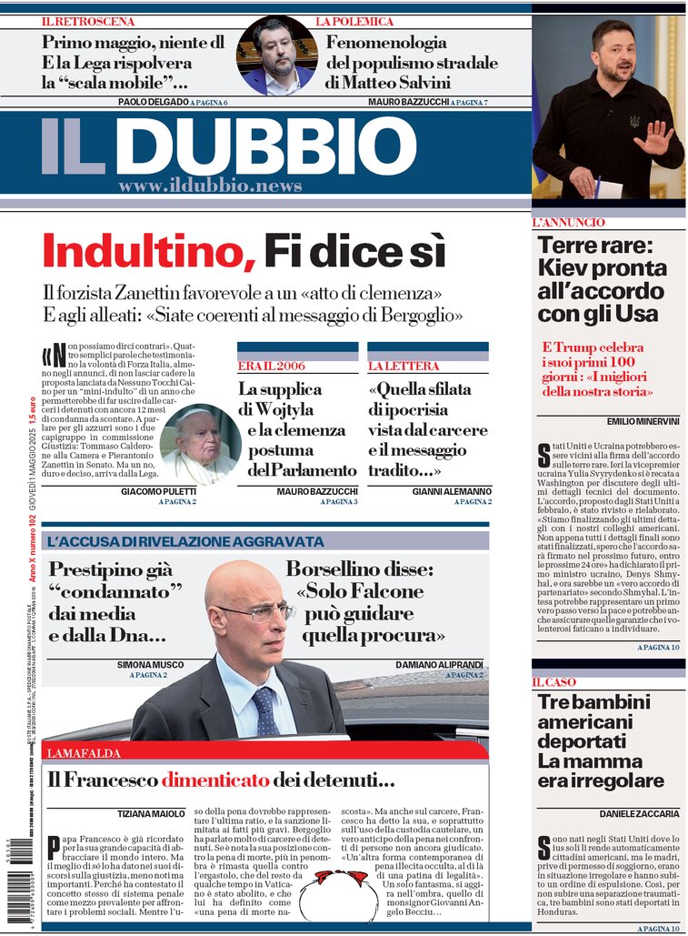 Prima Pagina Il Dubbio 01/05/2025