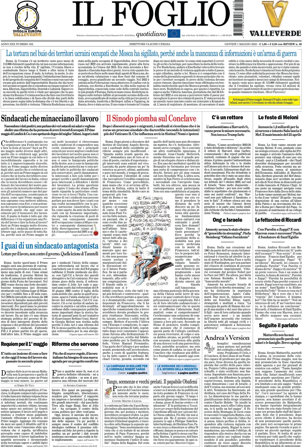 Prima Pagina Il Foglio 01/05/2025