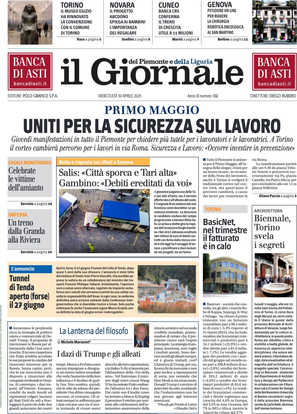 Prima Pagina Il Giornale del Piemonte e della Liguria 30/04/2025