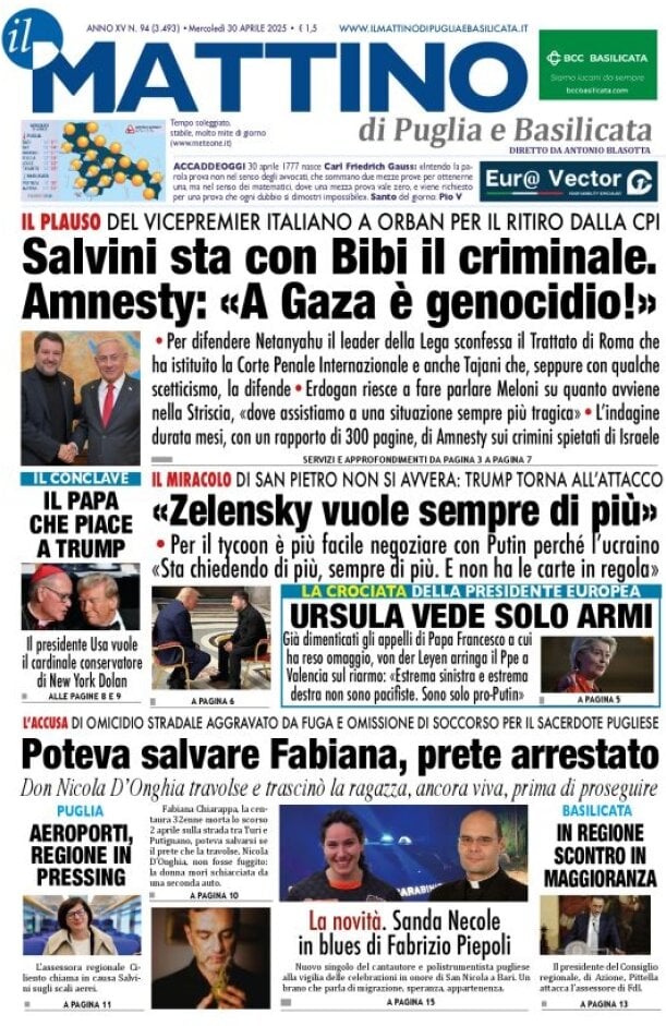 Prima Pagina Il Mattino di Puglia e Basilicata 30/04/2025