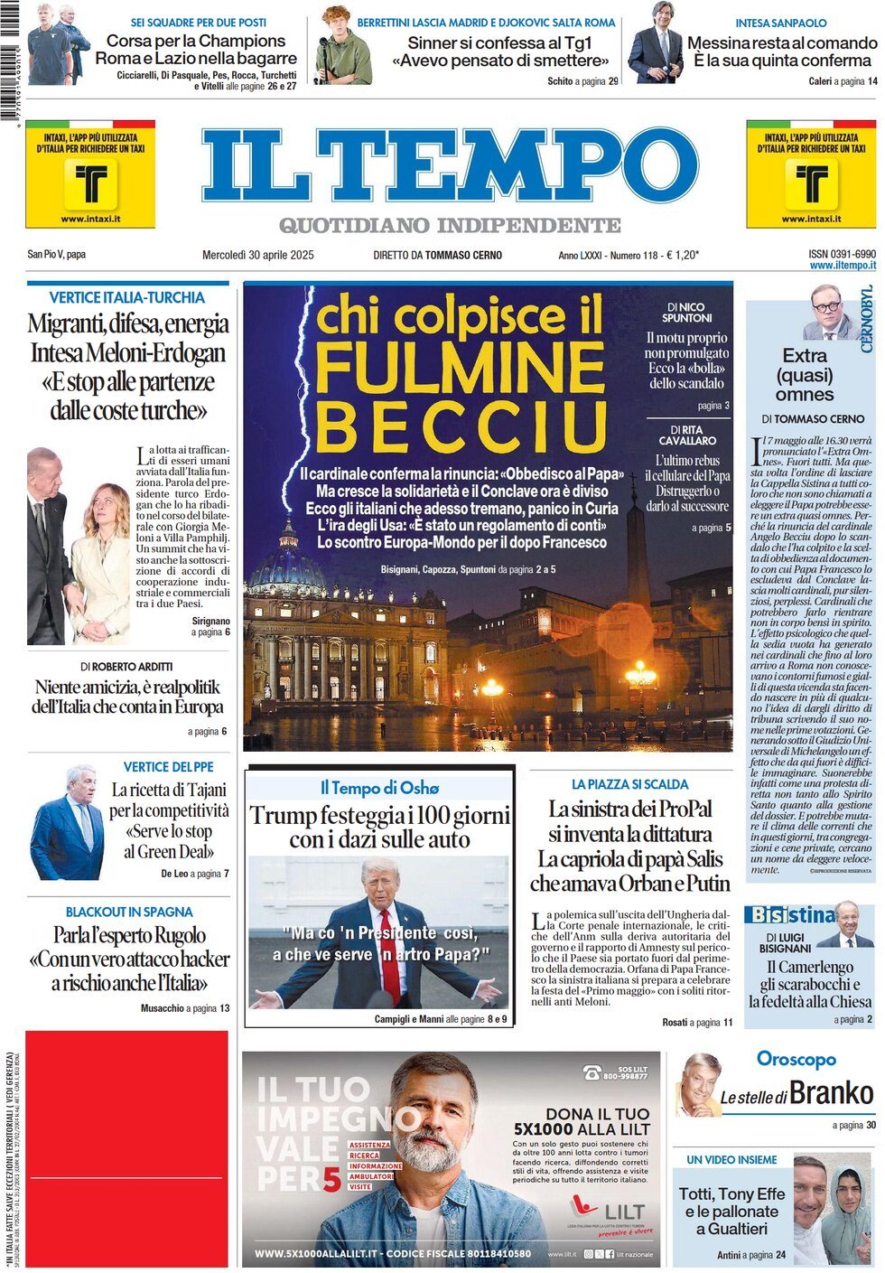 Prima Pagina Il Tempo 30/04/2025