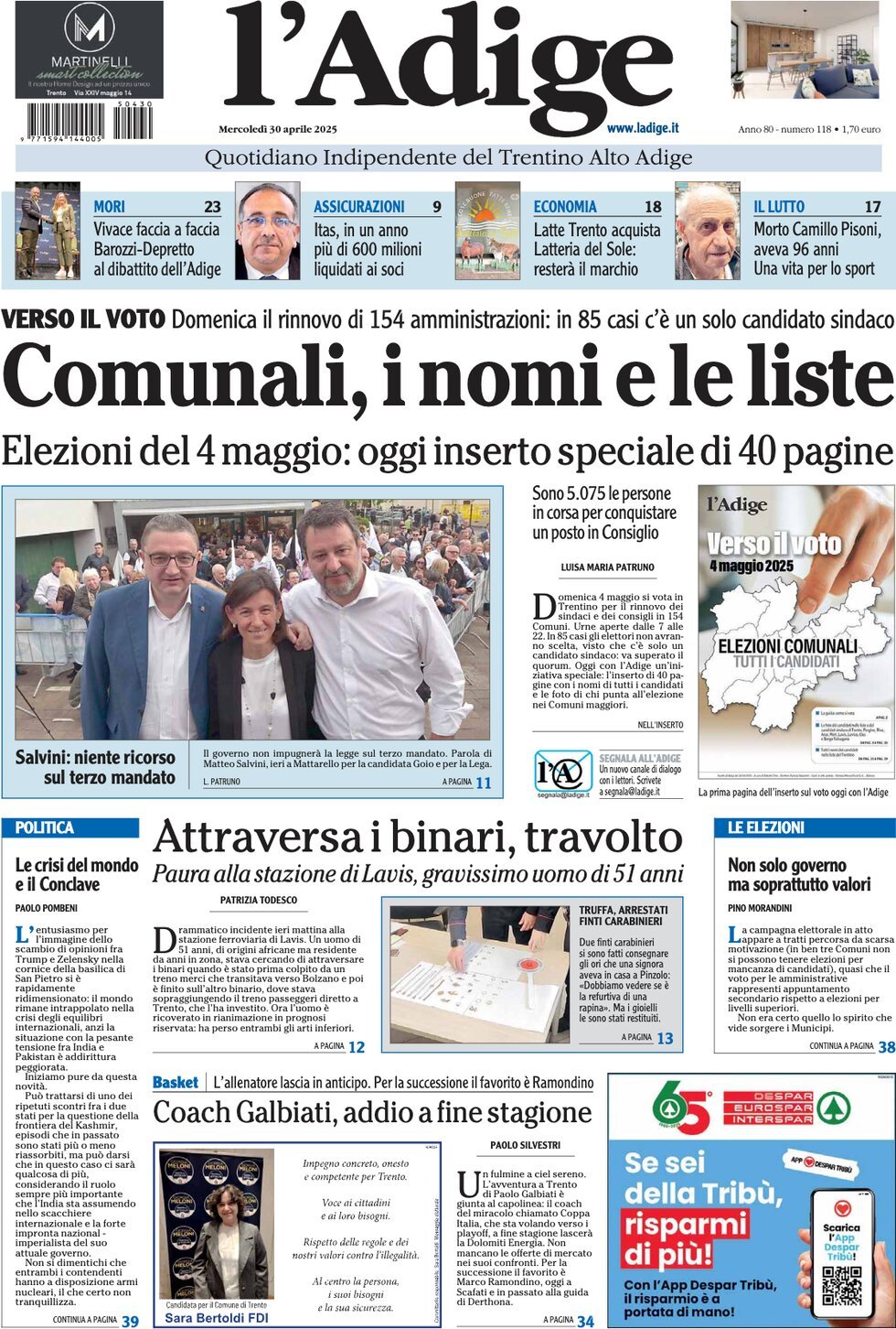 Prima Pagina L'Adige 30/04/2025