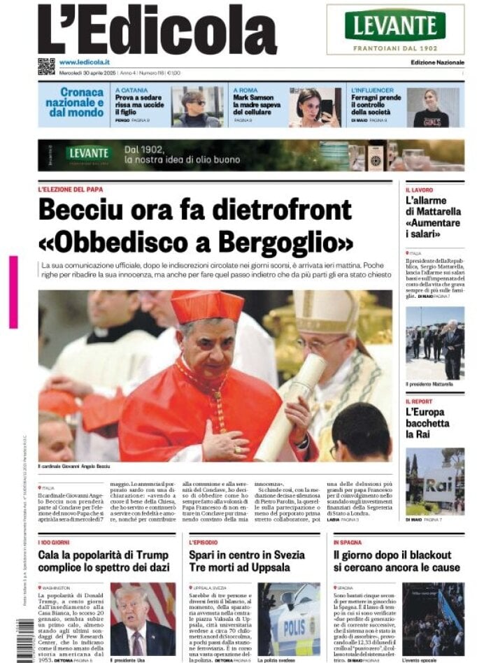 Prima Pagina L'Edicola (Nazionale) 30/04/2025