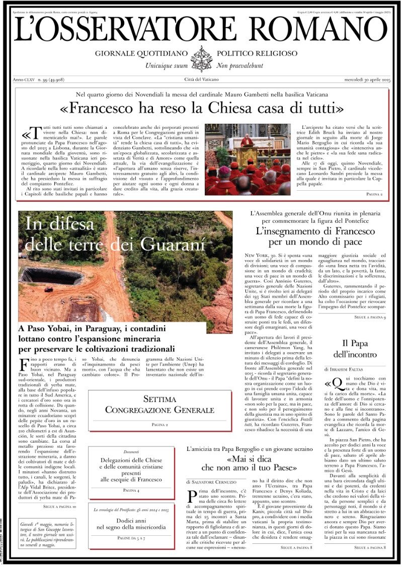 Prima Pagina L'Osservatore Romano 30/04/2025