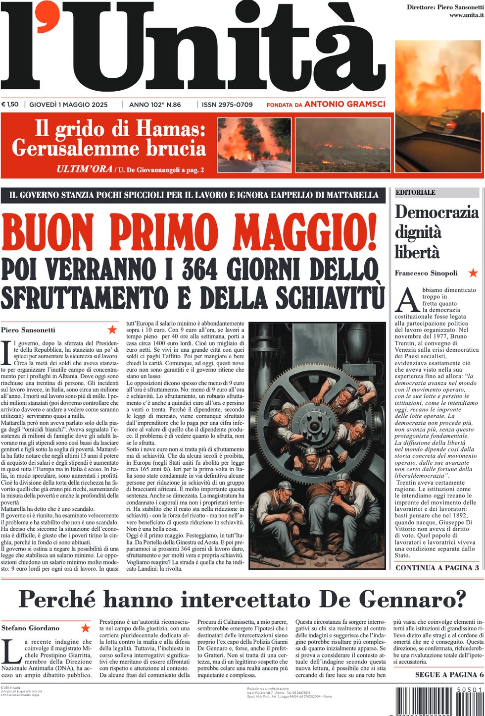 Prima Pagina L'Unità 01/05/2025