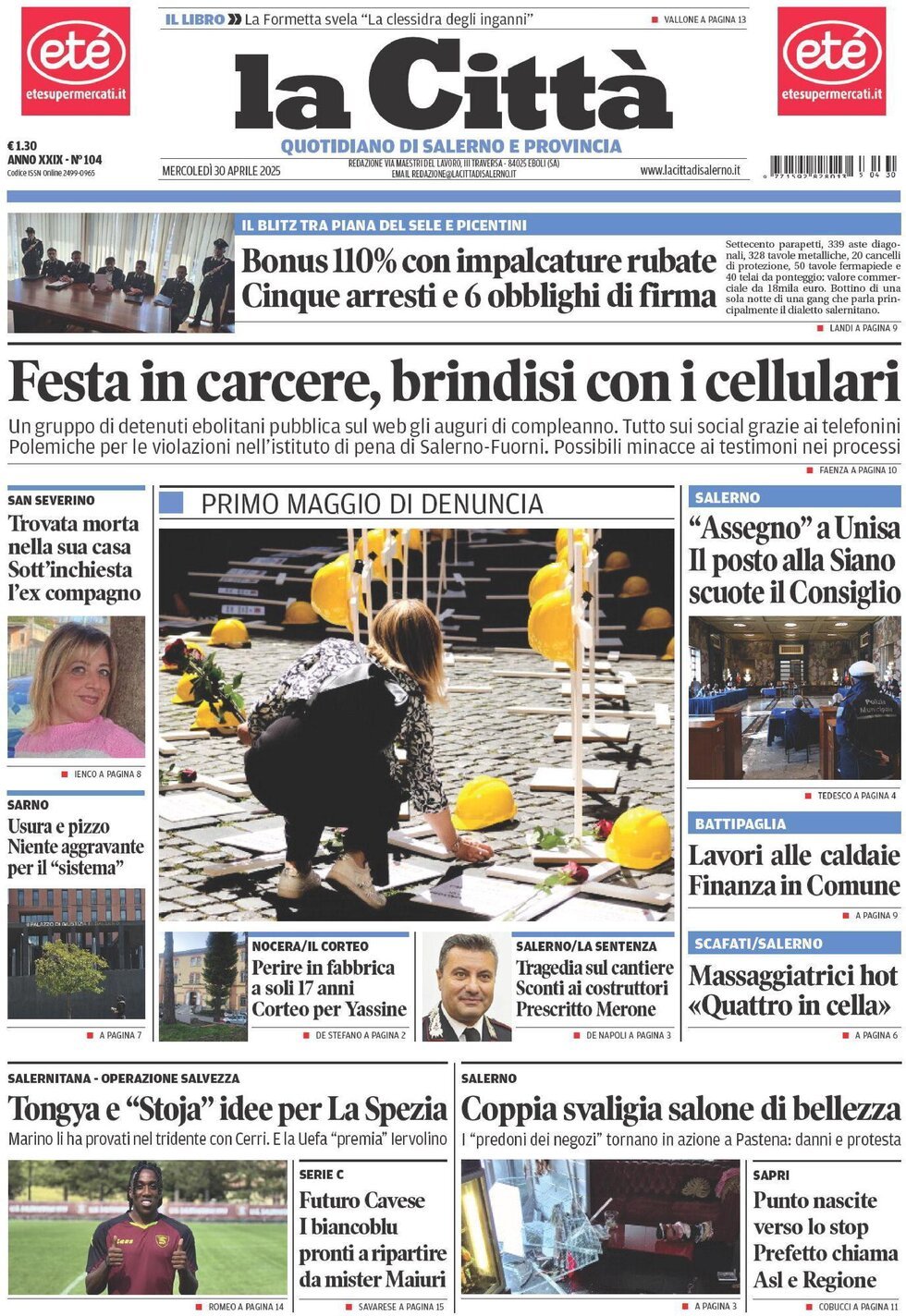 Prima Pagina La Città (Salerno) 30/04/2025