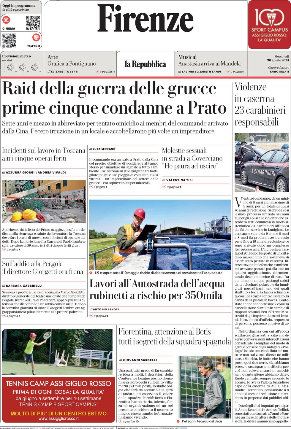 Prima Pagina La Repubblica (Firenze) 30/04/2025