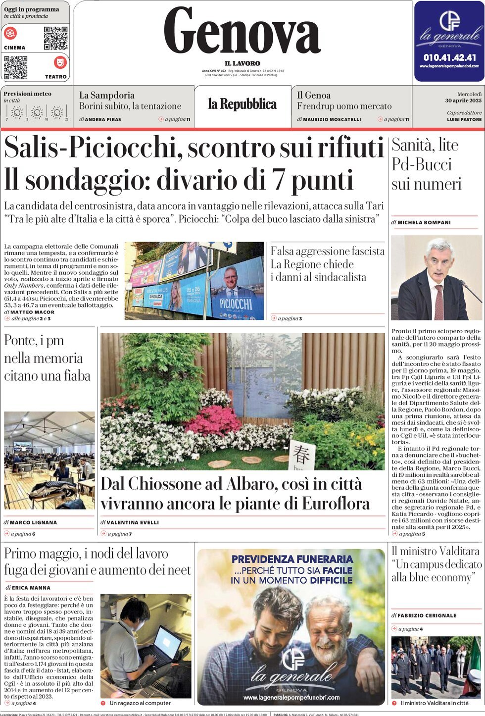 Prima Pagina La Repubblica (Genova) 30/04/2025
