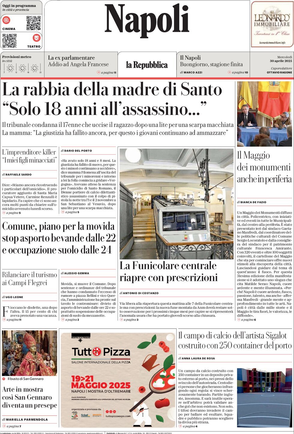 Prima Pagina La Repubblica (Napoli) 30/04/2025