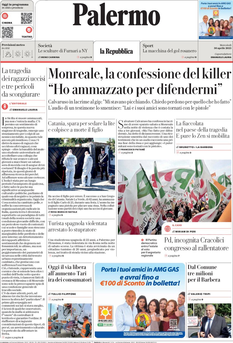 Prima Pagina La Repubblica (Palermo) 30/04/2025