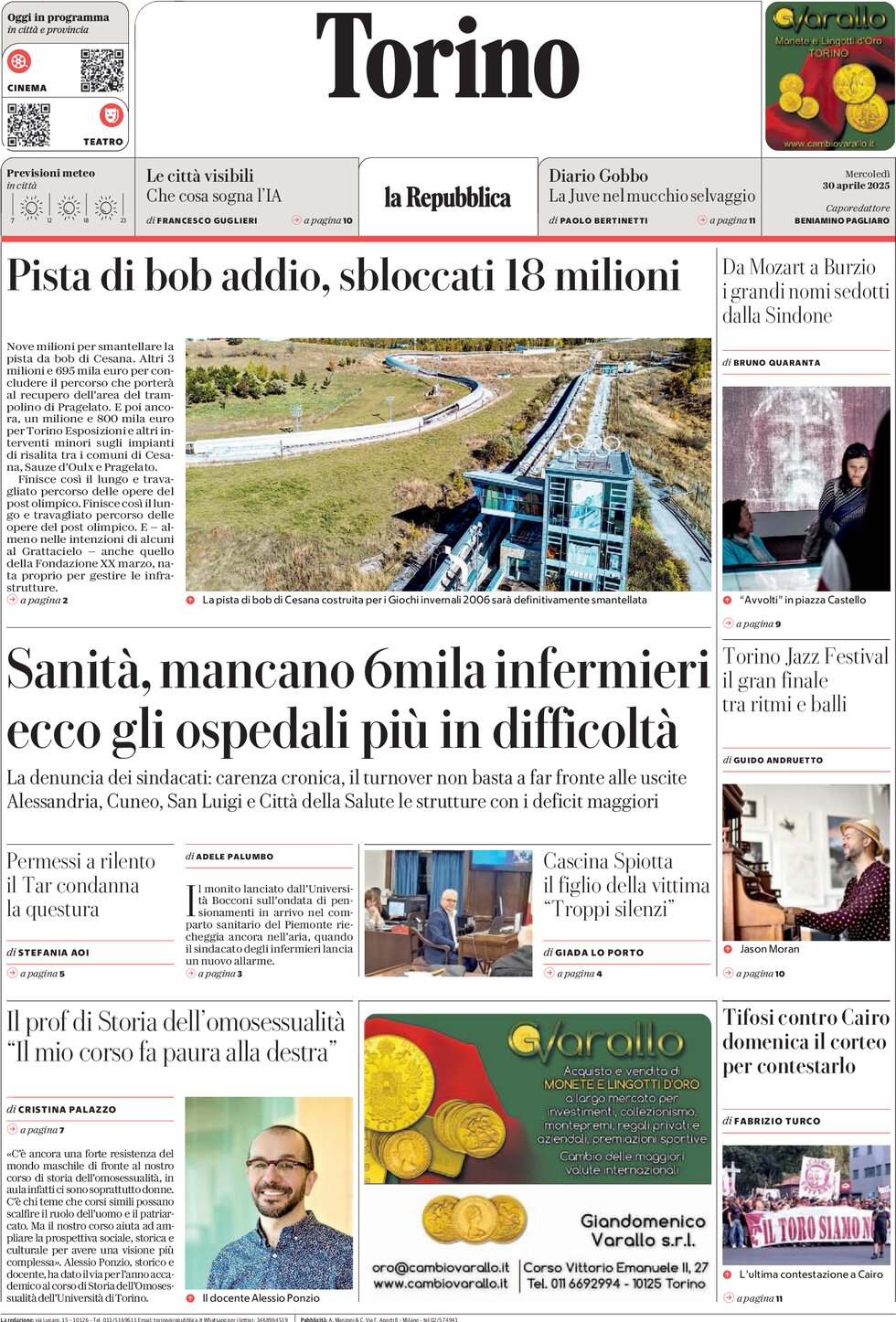 Prima Pagina La Repubblica (Torino) 30/04/2025