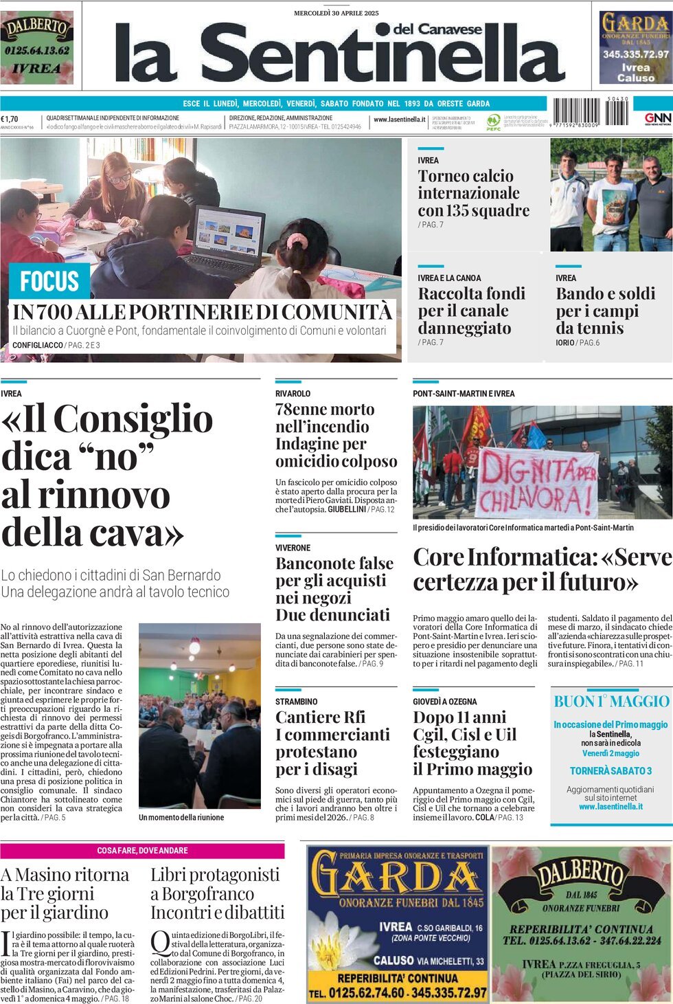 Prima Pagina La Sentinella del Canavese 30/04/2025