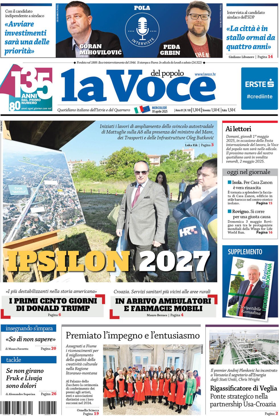 Prima Pagina La Voce del popolo 30/04/2025