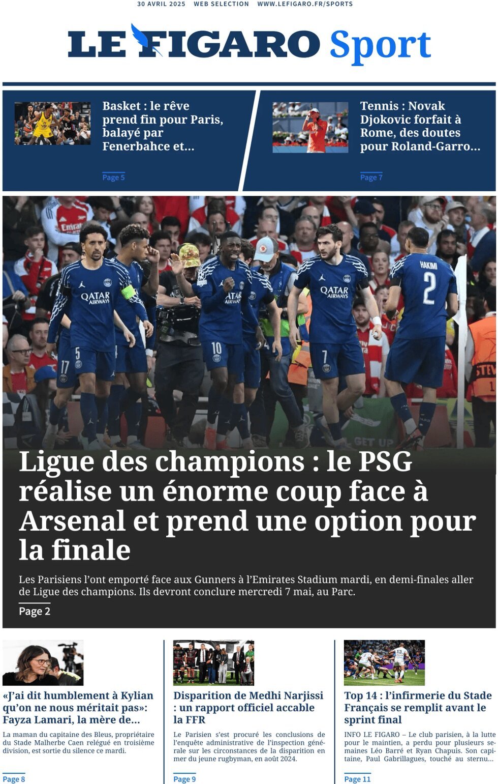 Prima Pagina Le Figaro SPORT 30/04/2025