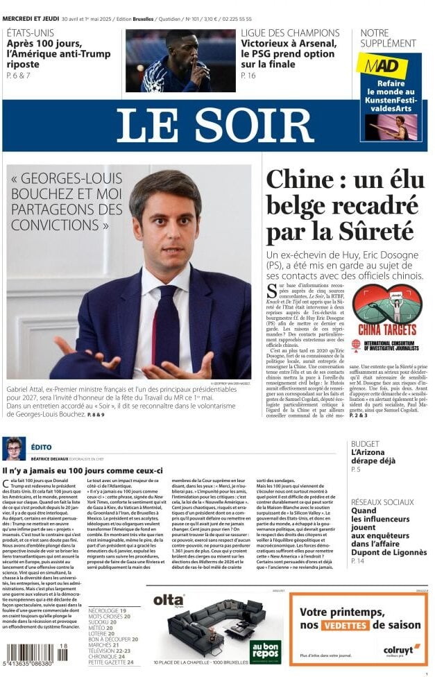 Prima Pagina Le Soir 30/04/2025