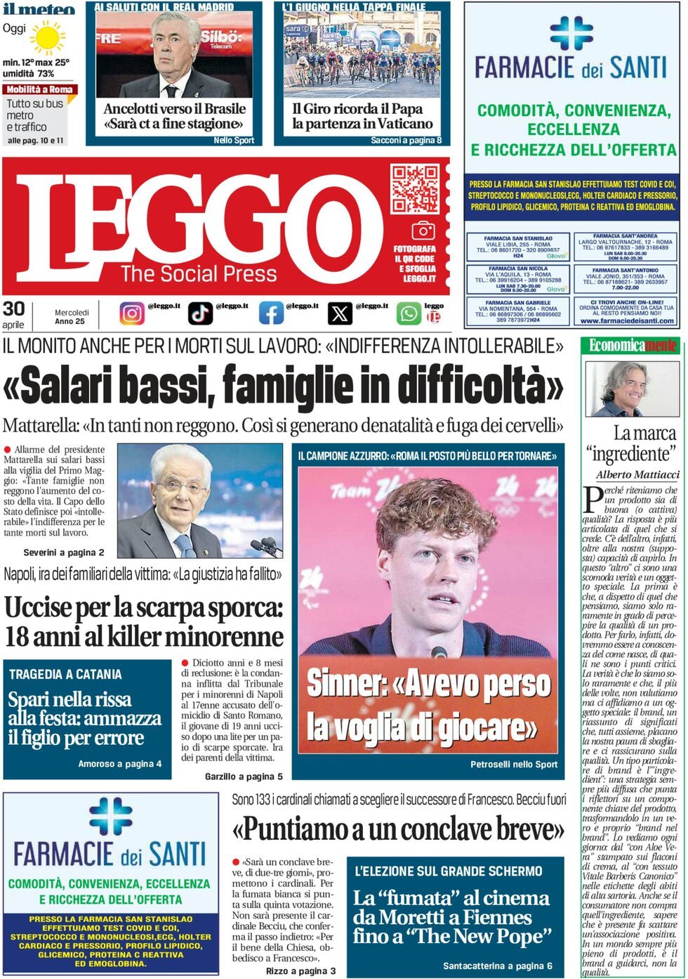 Prima Pagina Leggo (Roma) 30/04/2025