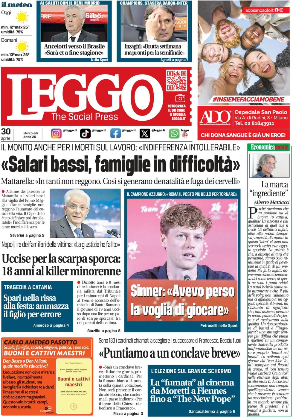 Prima Pagina Leggo (Milano) 30/04/2025