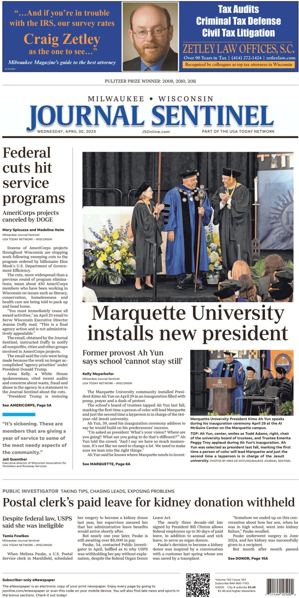 Prima Pagina Milwaukee Journal Sentinel 30/04/2025