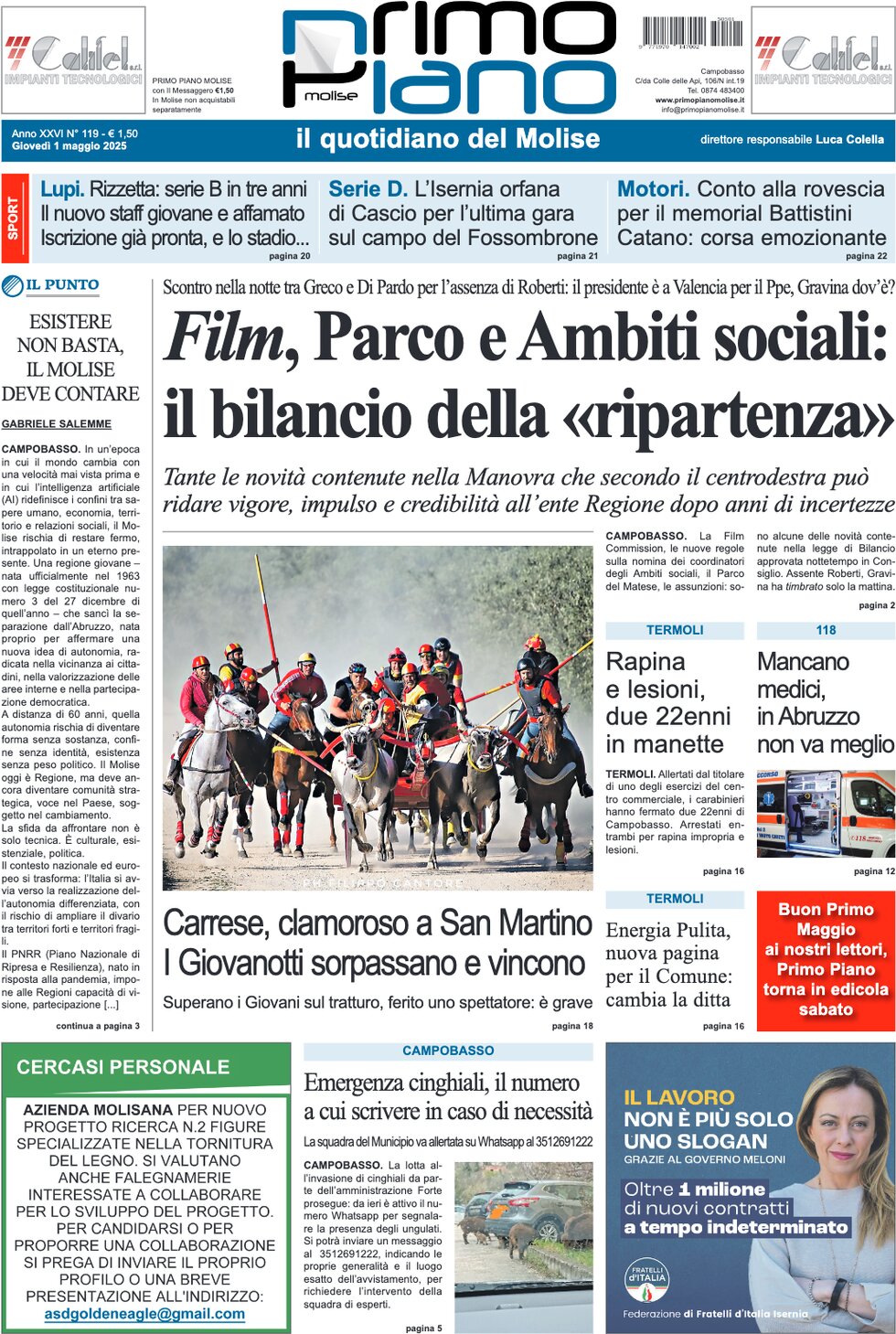 Prima Pagina Primo Piano Molise 01/05/2025
