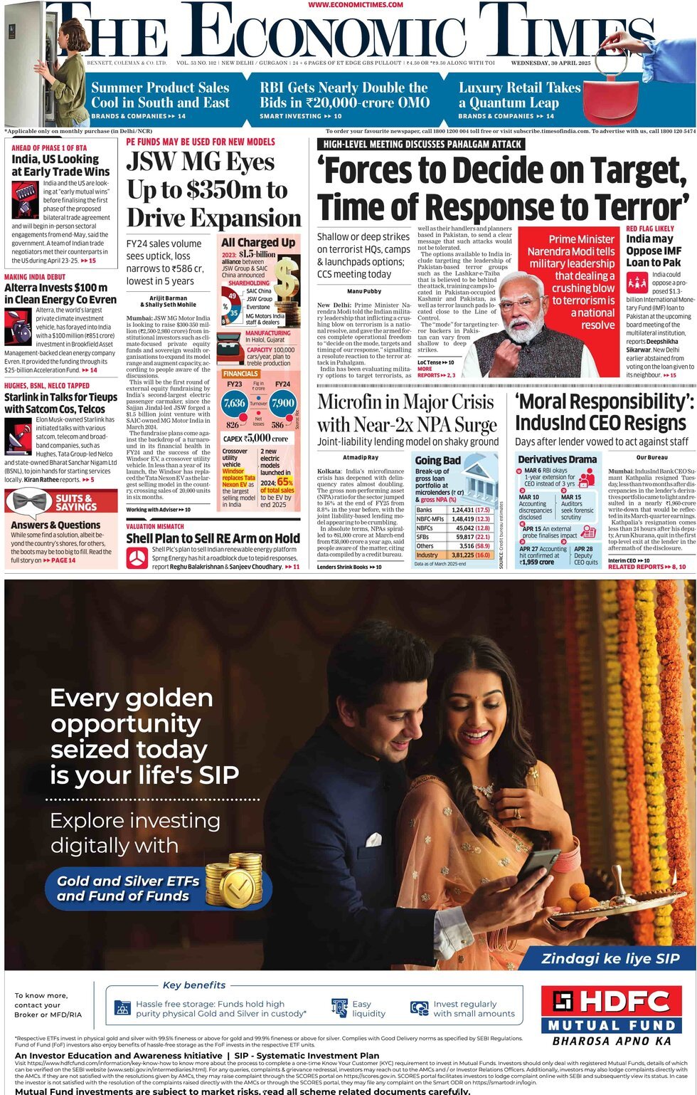 Prima Pagina The Economic Times 30/04/2025