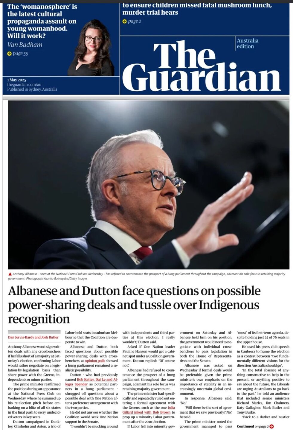 Prima Pagina The Guardian Australia 01/05/2025