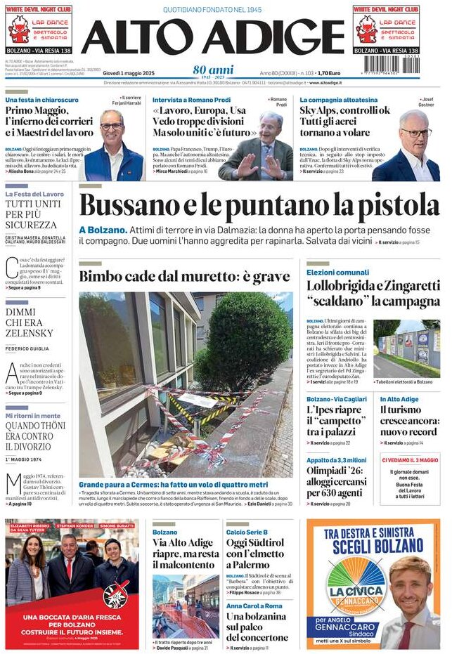 Prima Pagina Alto Adige 01/05/2025