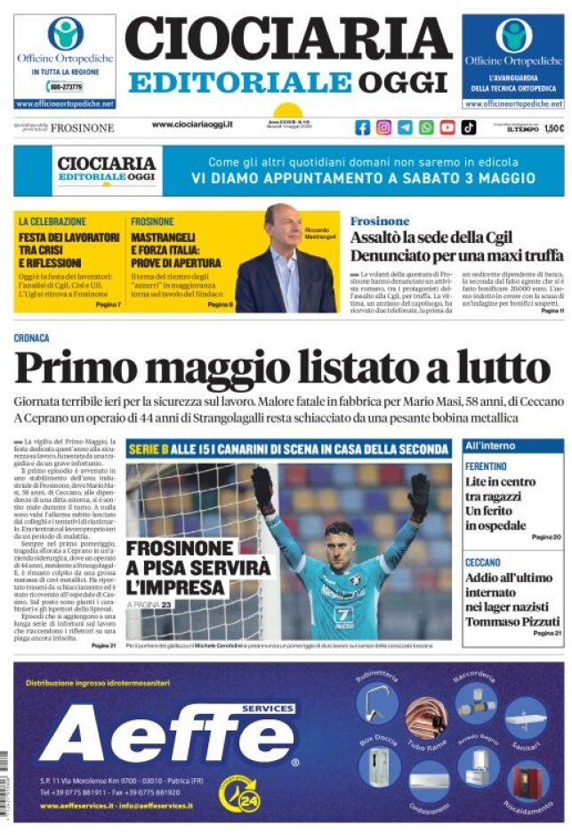 Prima Pagina Ciociaria Editoriale Oggi 01/05/2025