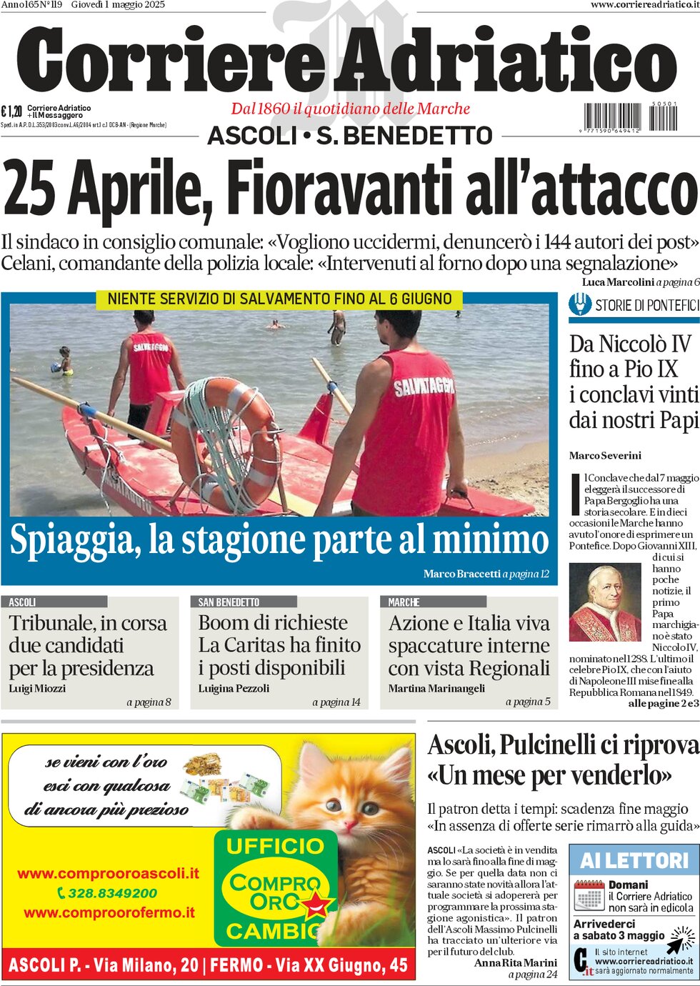 Prima Pagina Corriere Adriatico (Ascoli) 01/05/2025