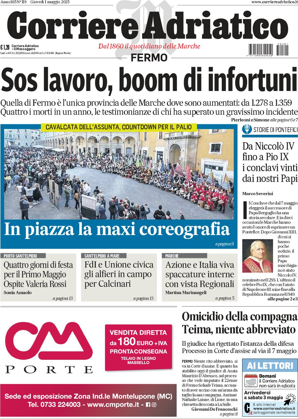 Prima Pagina Corriere Adriatico (Fermo) 01/05/2025