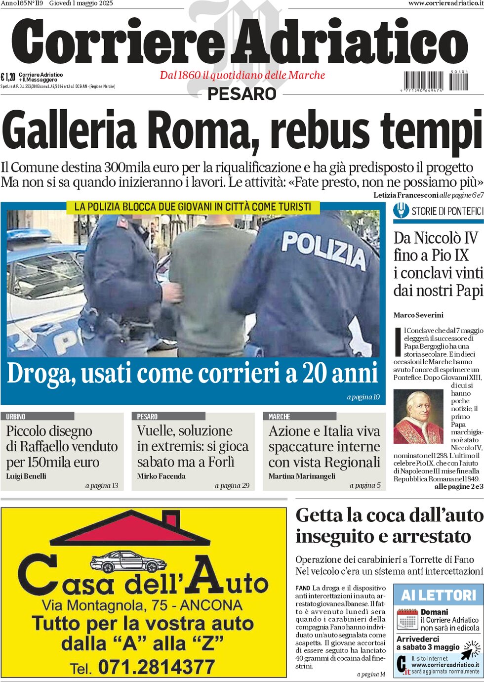 Prima Pagina Corriere Adriatico (Pesaro) 01/05/2025