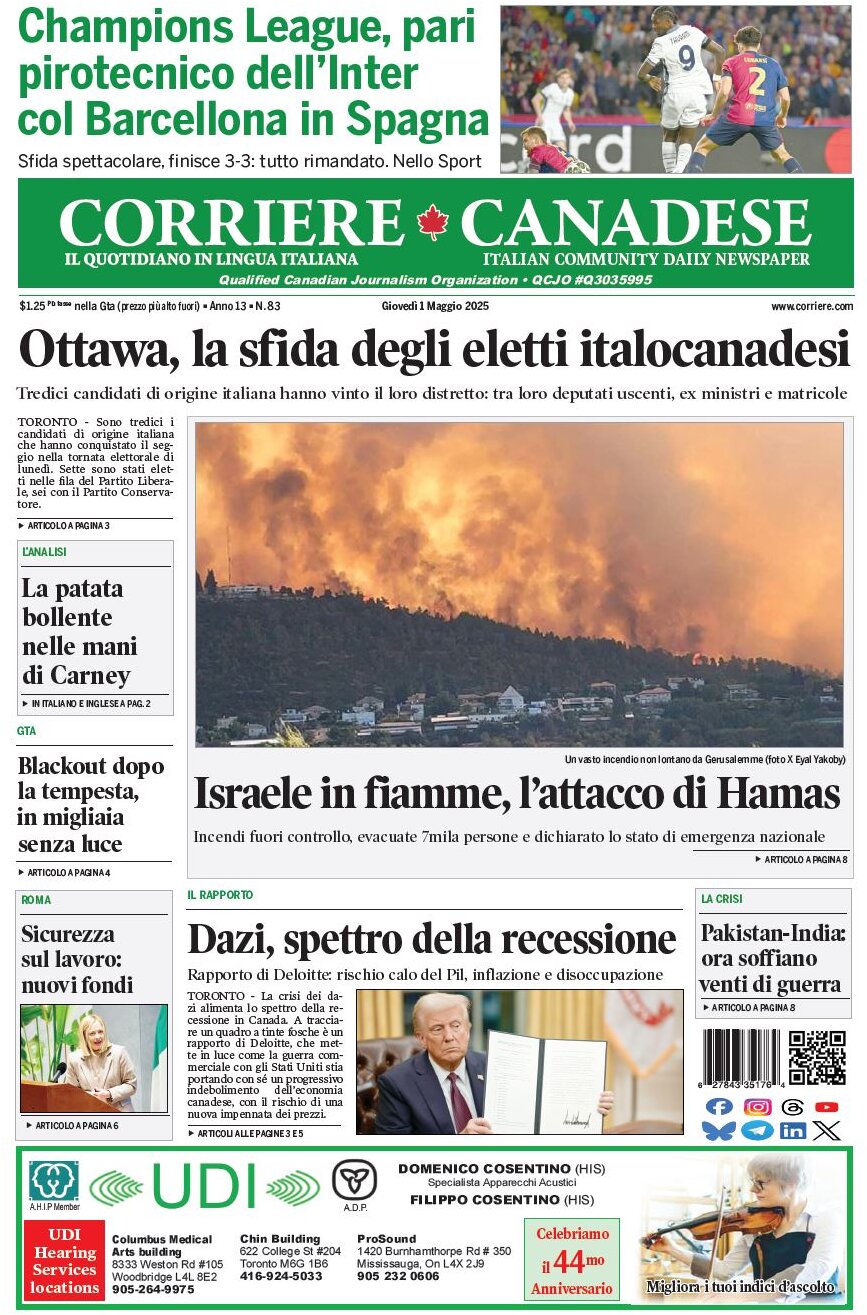 Prima Pagina Corriere Canadese 01/05/2025
