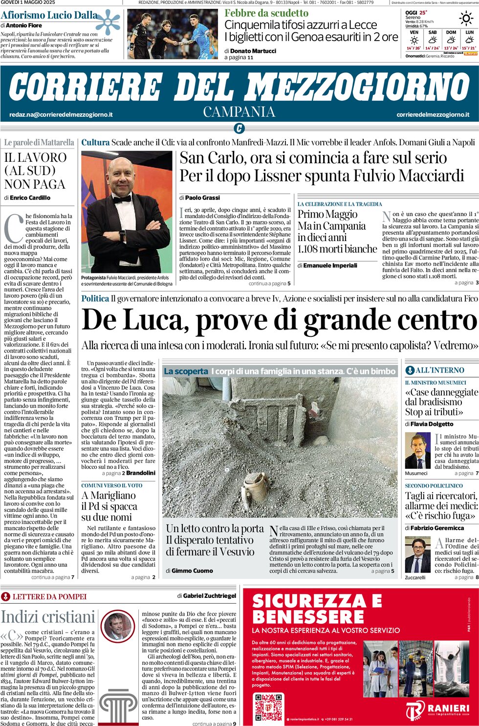 Prima Pagina Corriere del Mezzogiorno (Campania) 01/05/2025