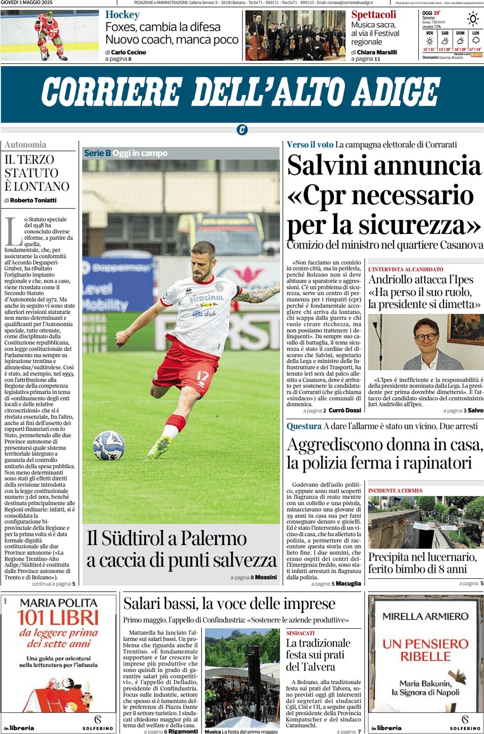 Prima Pagina Corriere dell'Alto Adige 01/05/2025