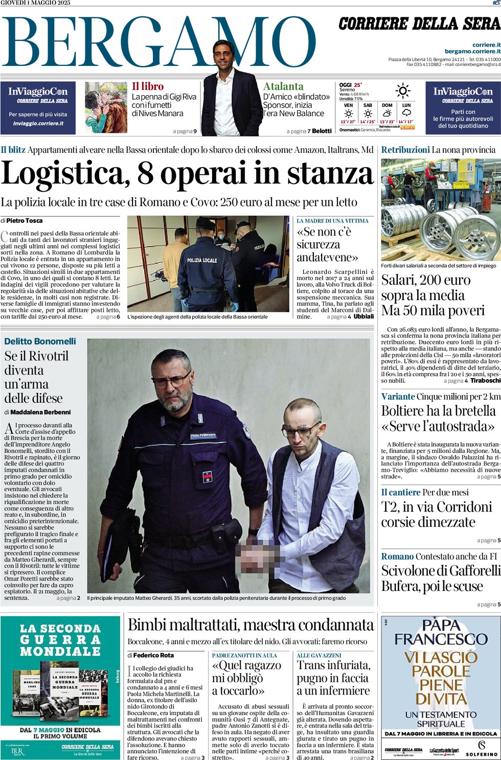 Prima Pagina Corriere della Sera (Bergamo) 01/05/2025