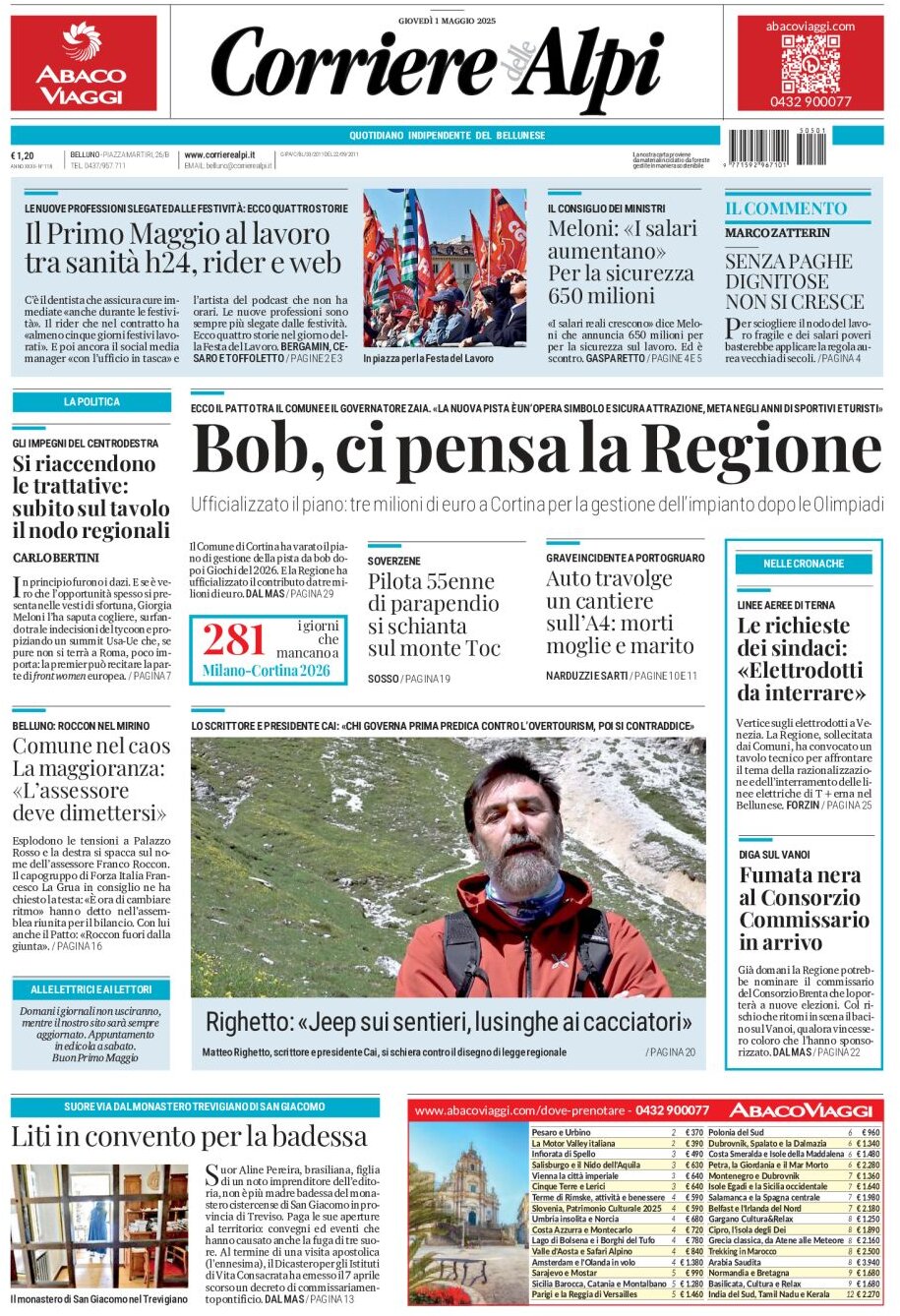 Prima Pagina Corriere delle Alpi (Belluno) 01/05/2025