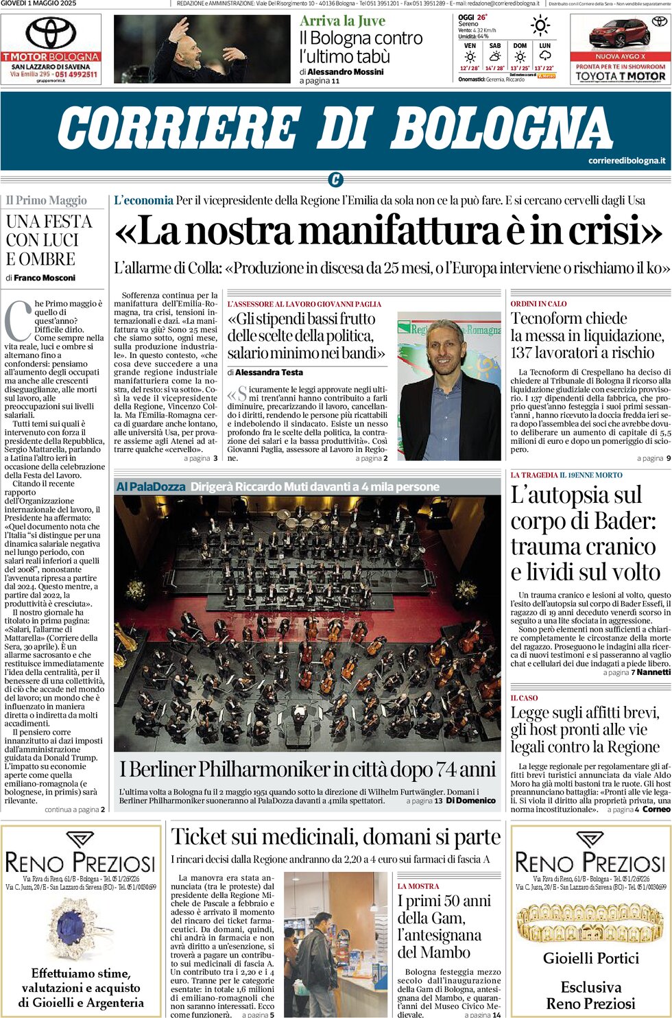 Prima Pagina Corriere di Bologna 01/05/2025