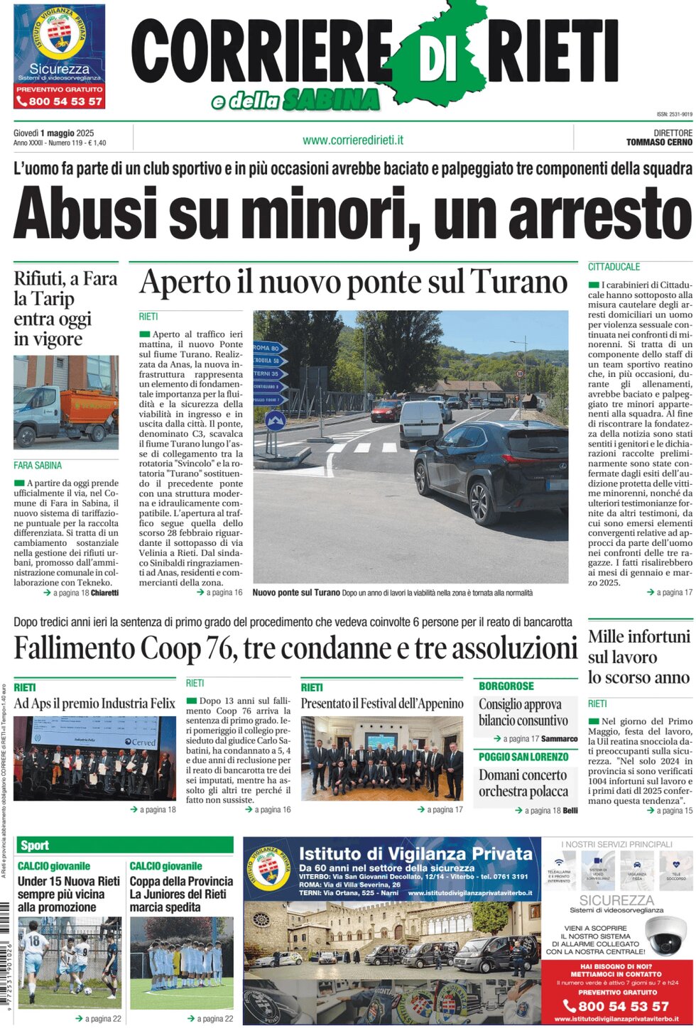 Prima Pagina Corriere di Rieti e della Sabina 01/05/2025
