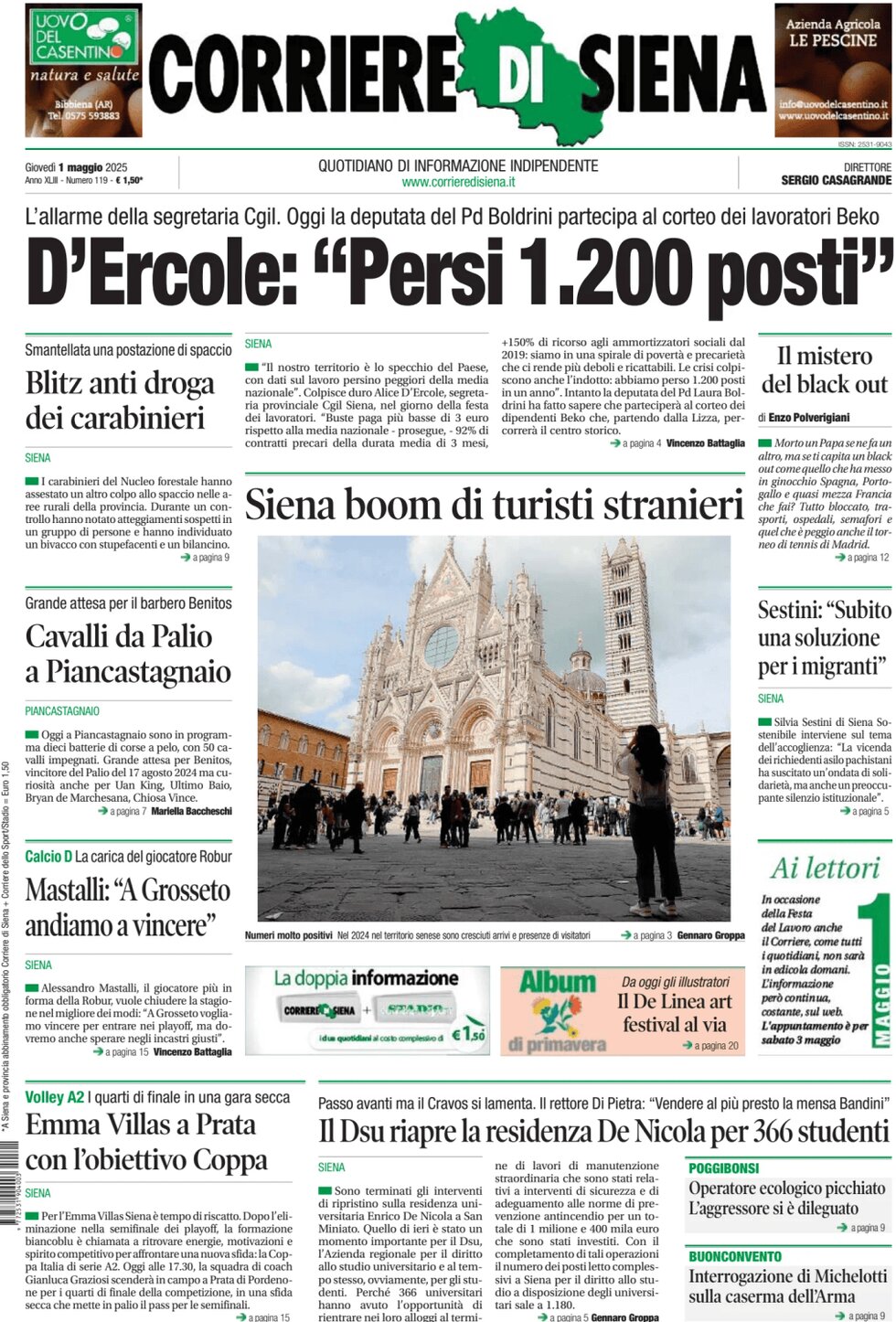 Prima Pagina Corriere di Siena 01/05/2025
